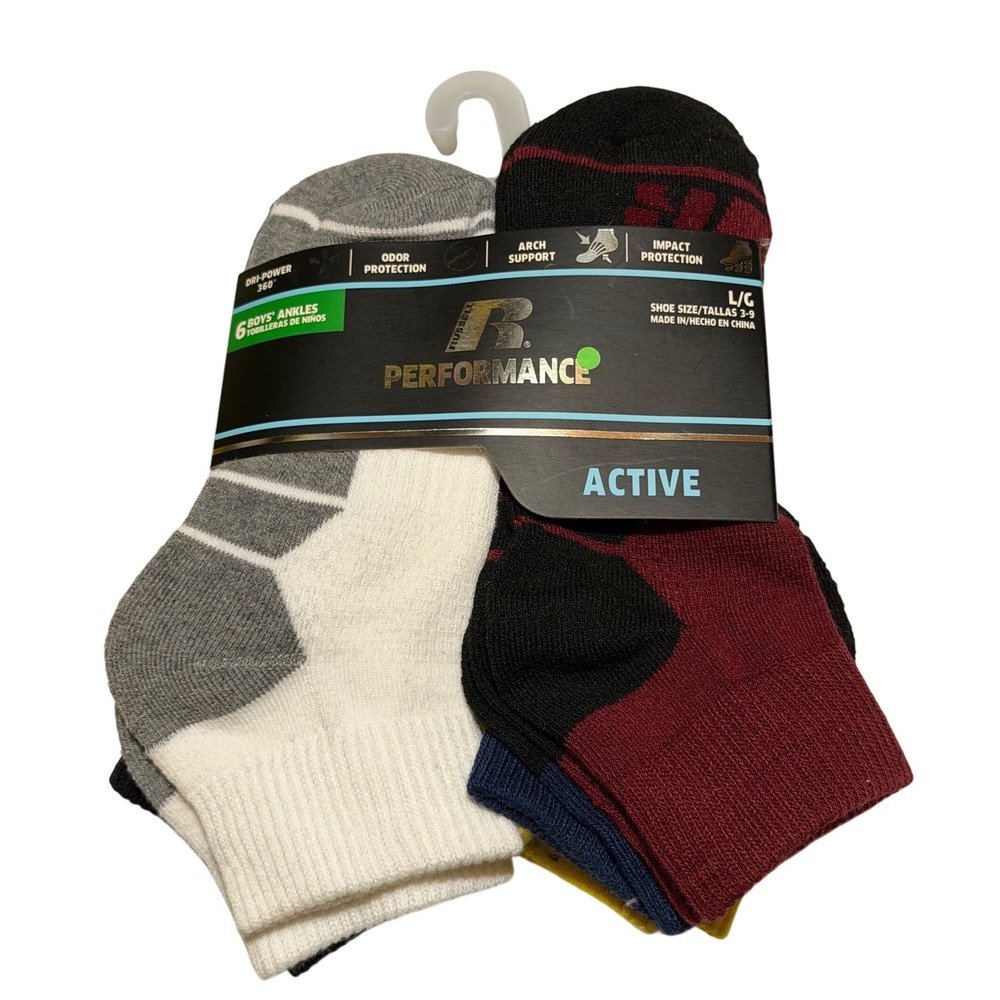 Russell Performance Active Socks Multicolor Ankle Arch Support Impact Boys L 3-9